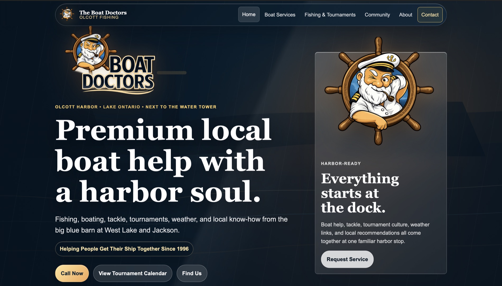 After concept for The Boat Doctors with premium harbor branding, stronger service hierarchy, and modern customer-focused presentation