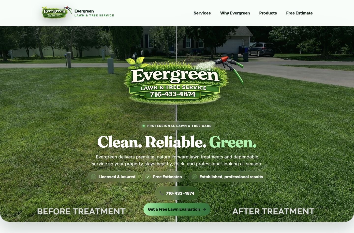 Live homepage screenshot for Evergreen Lawn and Tree, a brand-new Western New York lawn and tree service website